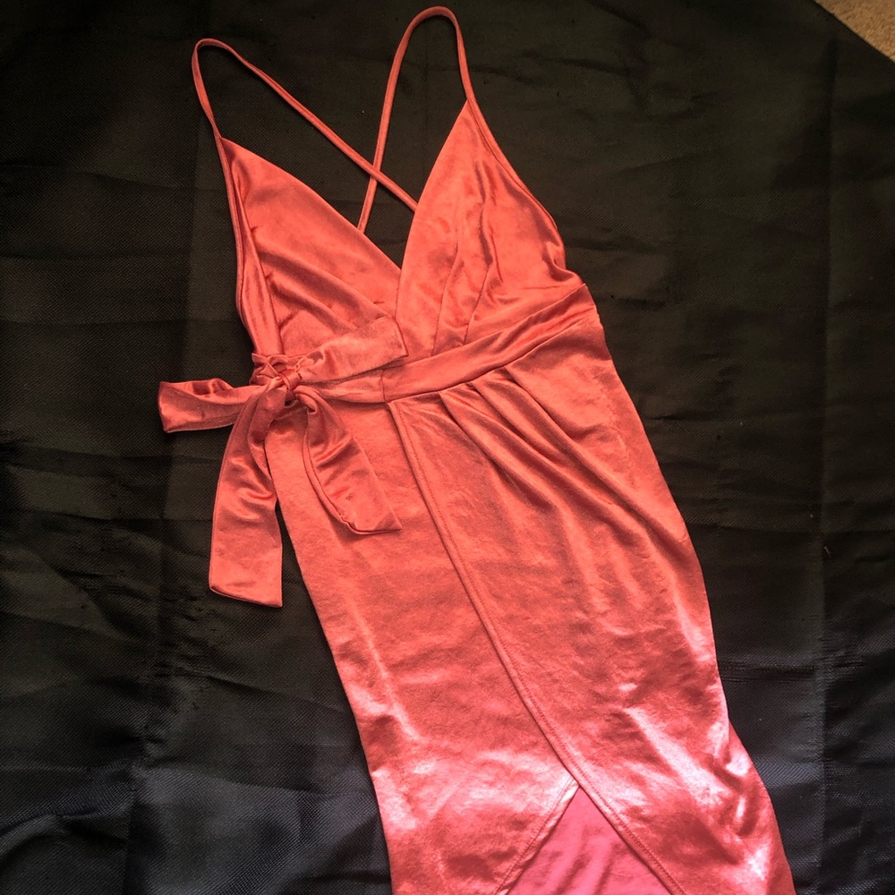 Satin high low faux wrap dress